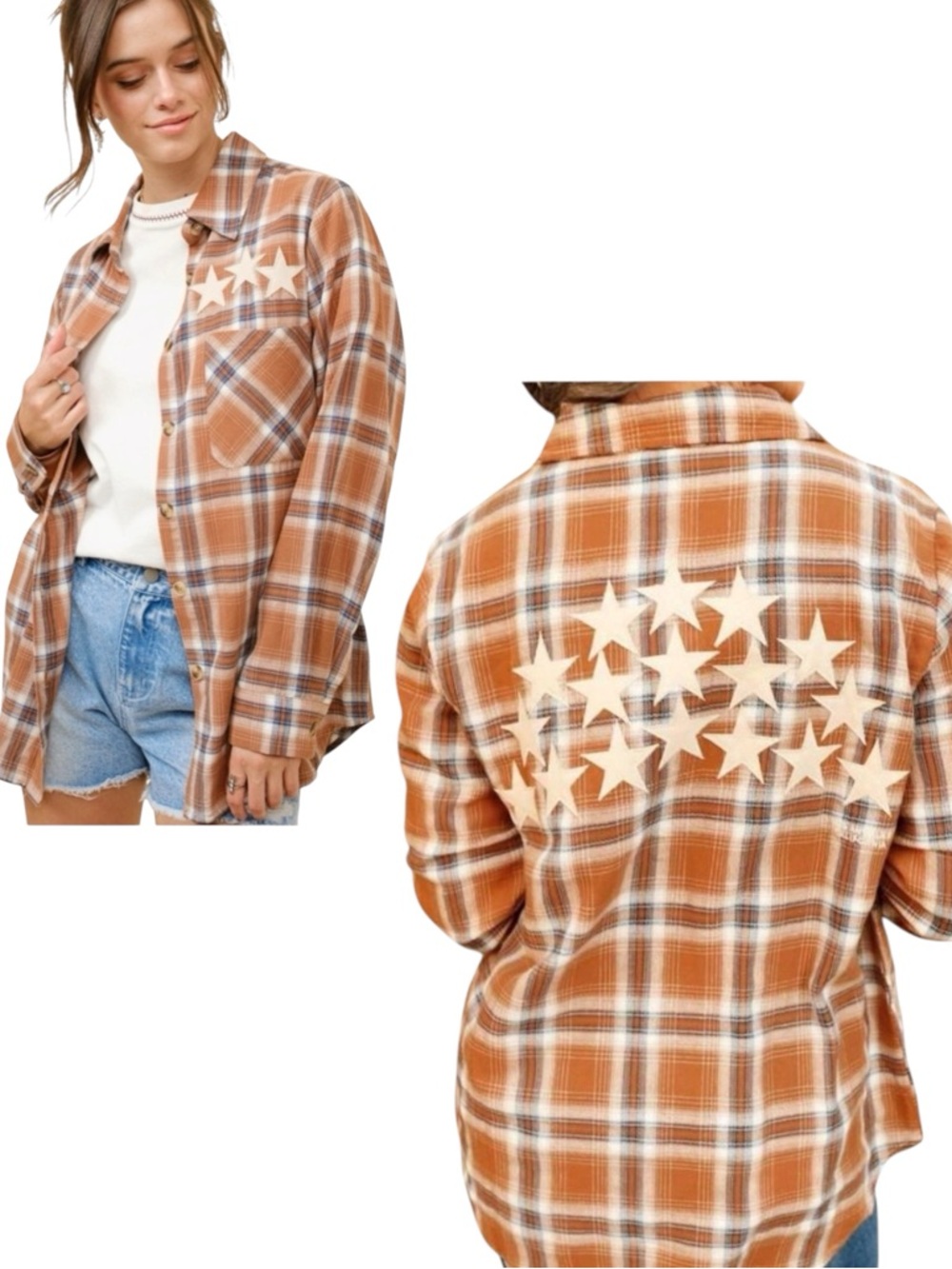 New blue b Caramel Brown Navy Plaid Flannel Button Up White Leather Star Shirt
